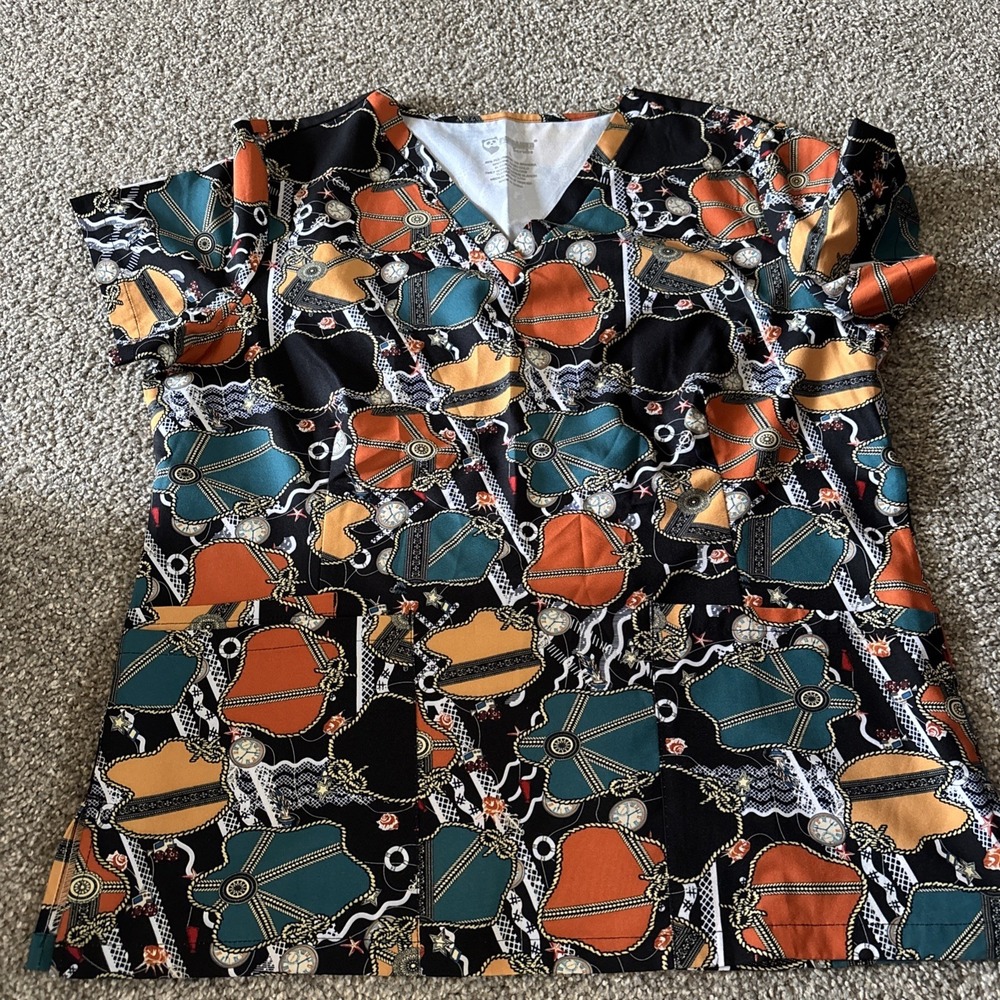 PANDAMED SCUBS Women's Scrub Top Sz L‎ V-neck Multi Color